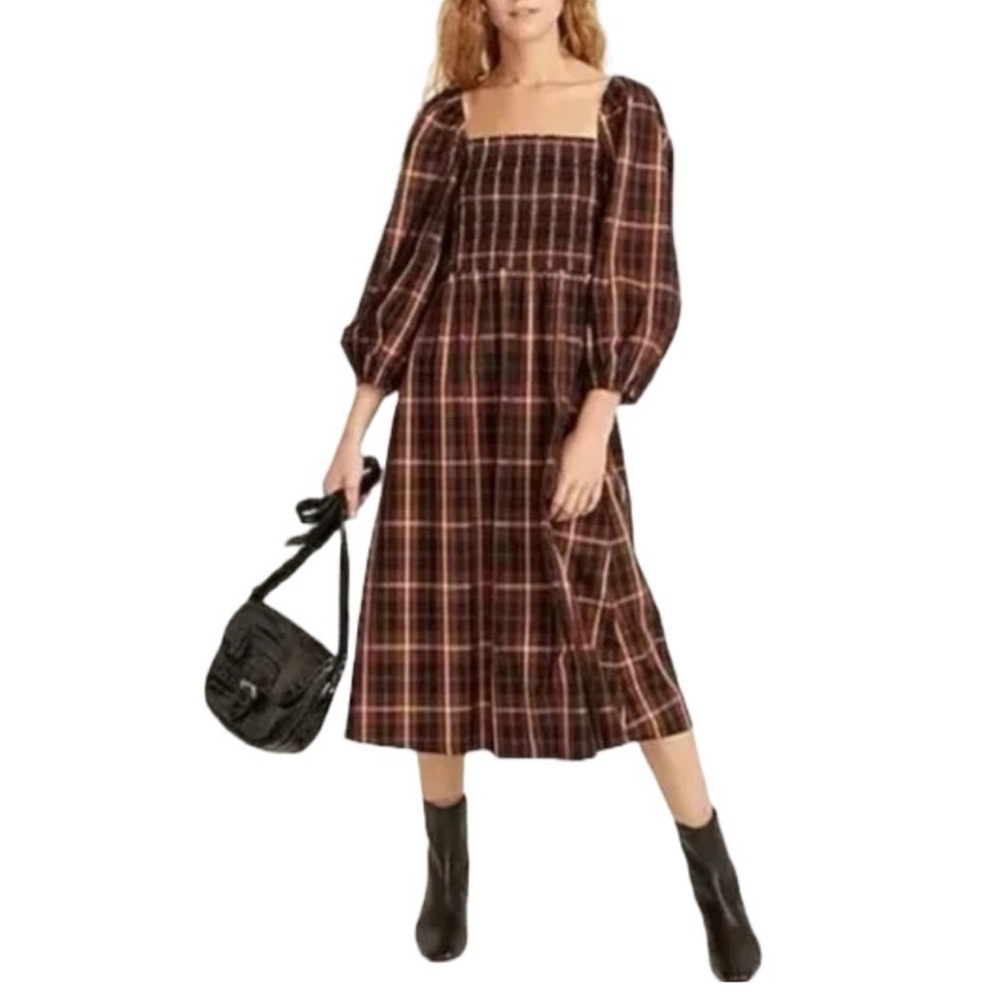 J Crew Smocked Puff Sleeve Midi Dress in Friday Plaid Print Women's XL - Picture 2 of 7
